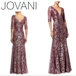 JOVANI Metallic Lace V-Neck Elbow-Sleeve Gown